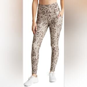 Marika Terry Print 7/8 High Waist Leggings Pockets Taupe/Brown/White Size S